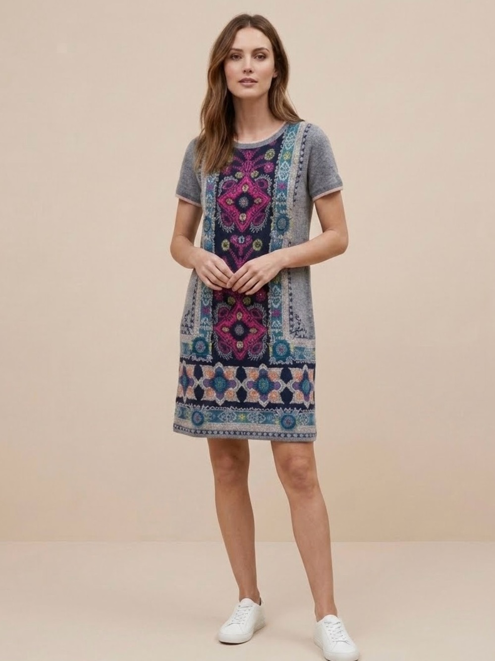 Anthropologie AKEMI + KIN Midi Kaleidoscope Sweater Dress, Gray & Pink, Size LP